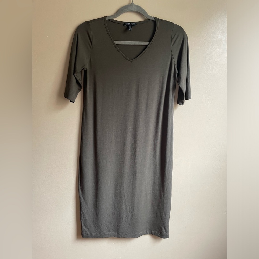 EILEEN FISHER Dress Viscose Jersey Shift V-Neck 3/4 Sleeve Green XXS shirt dress